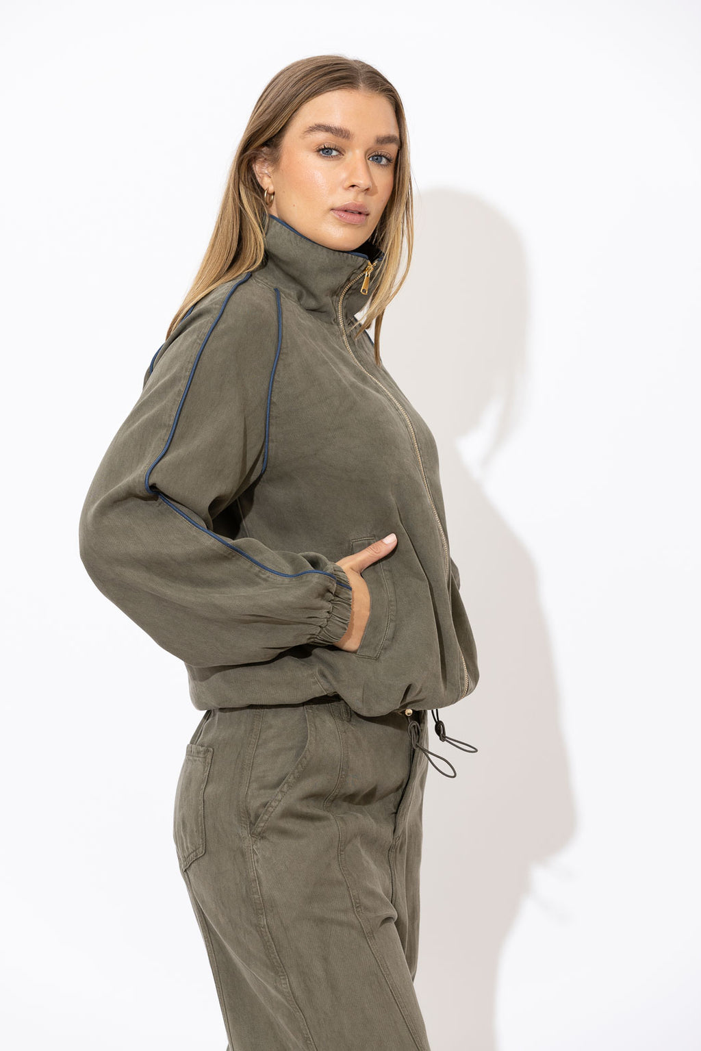 Khaki Denim Piped Bomber Jacket