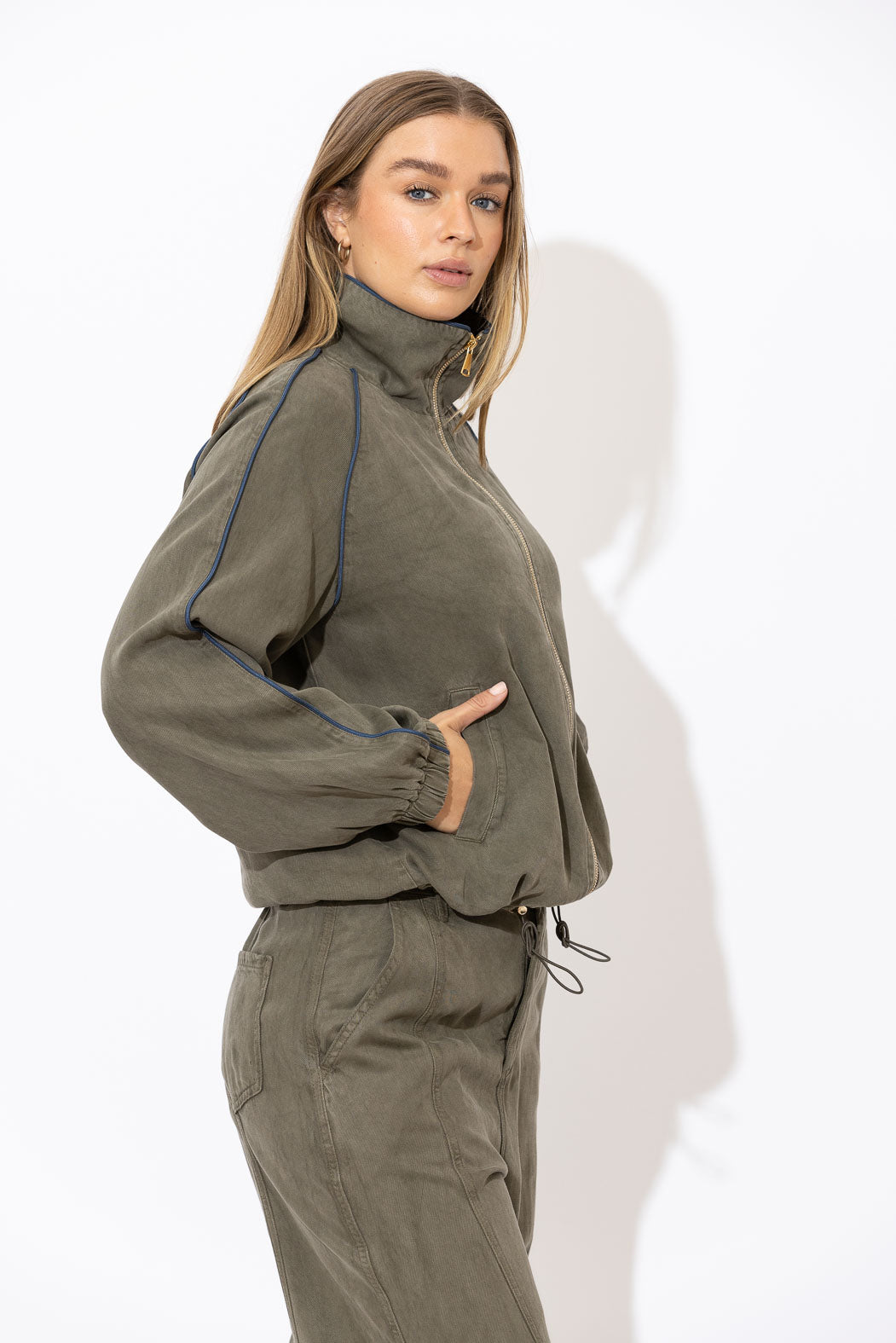 Khaki Denim Piped Bomber Jacket