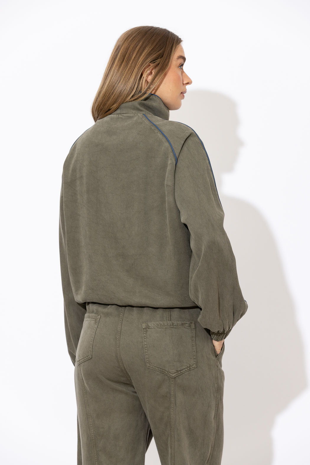 Khaki Denim Piped Bomber Jacket