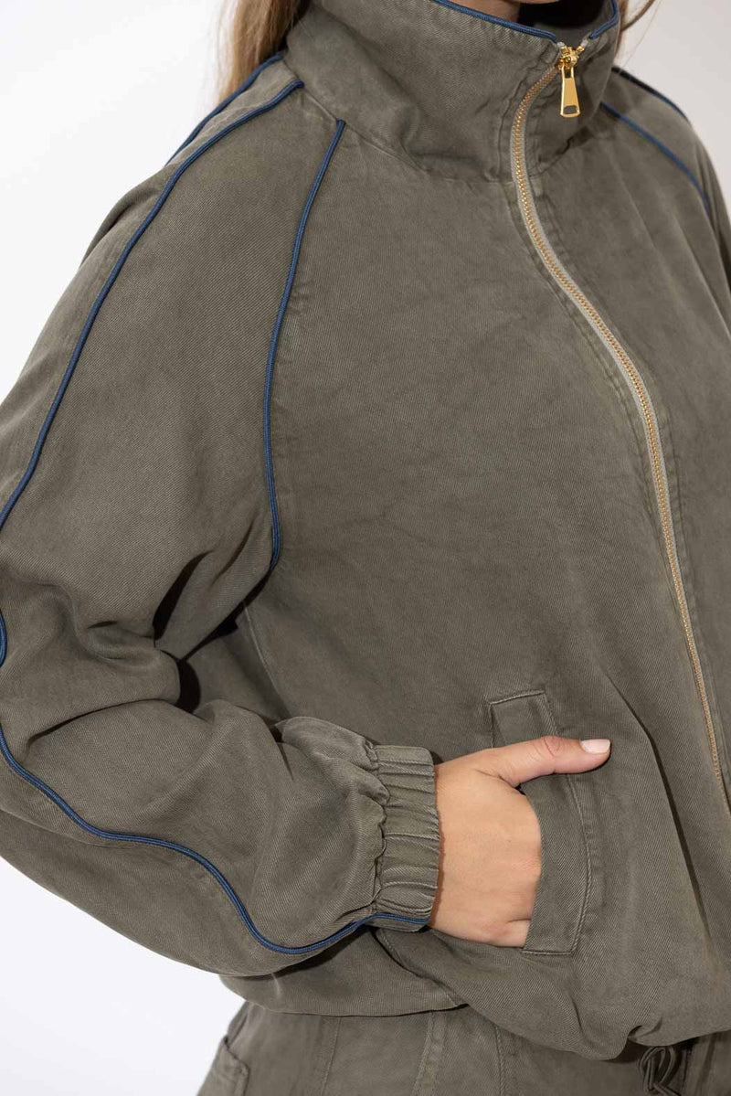 Khaki Denim Piped Bomber Jacket