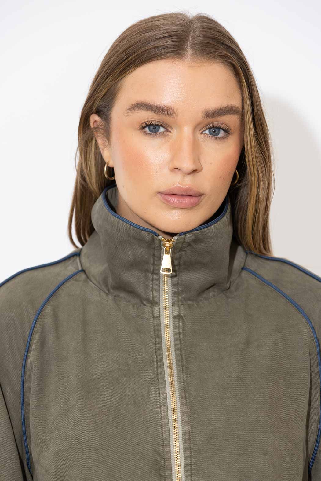 Khaki Denim Piped Bomber Jacket