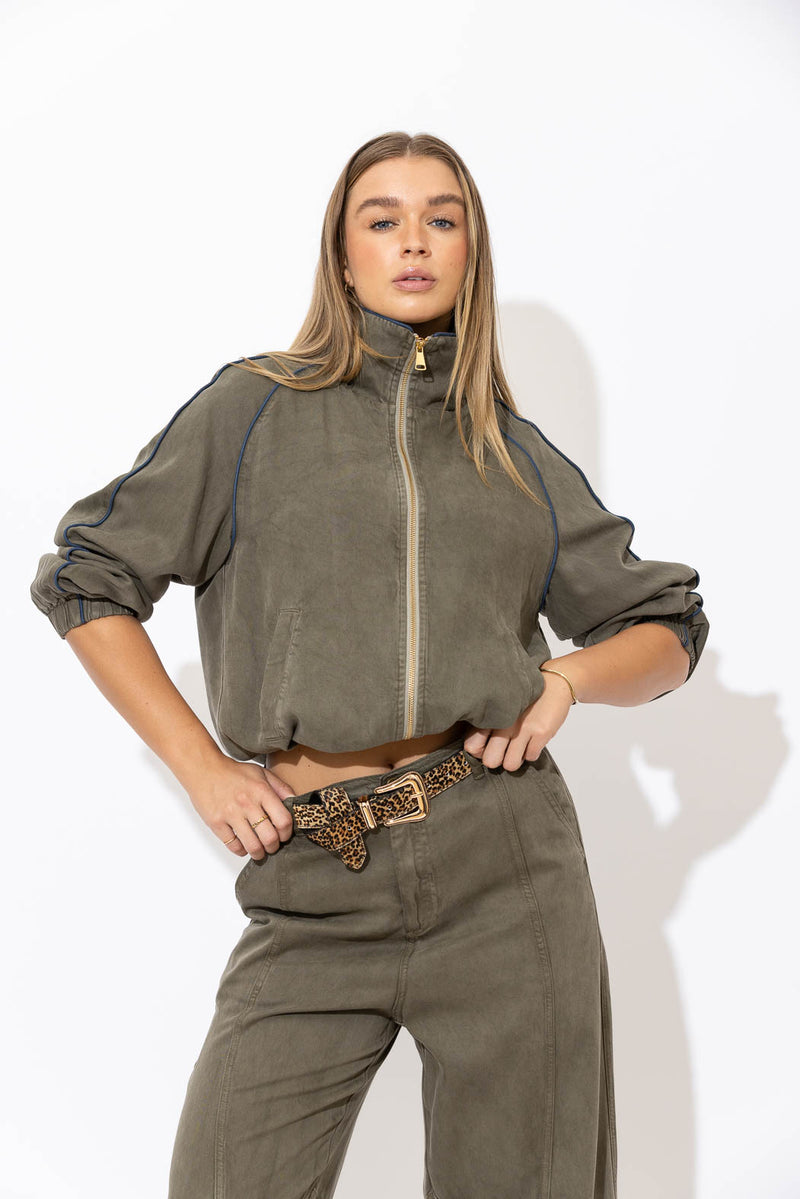 Khaki Denim Piped Bomber Jacket