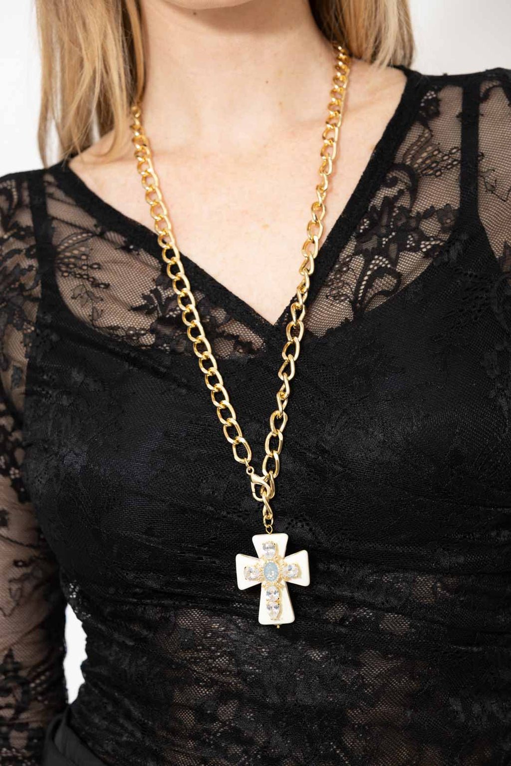 Ivory Diamante Cross Necklace
