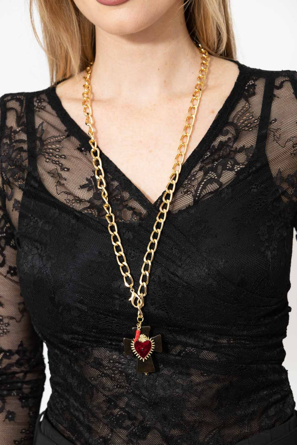 Black/Red Heart Cross Necklace