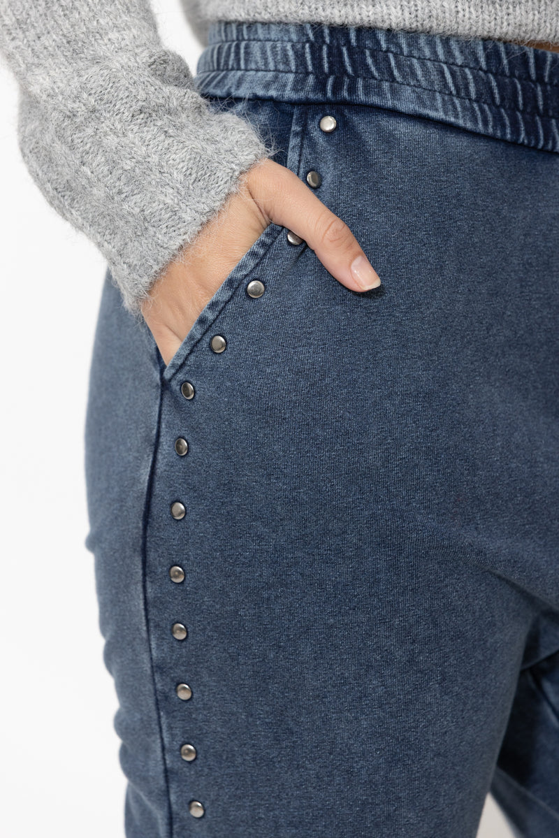 Navy Washed Cotton Stud Pant