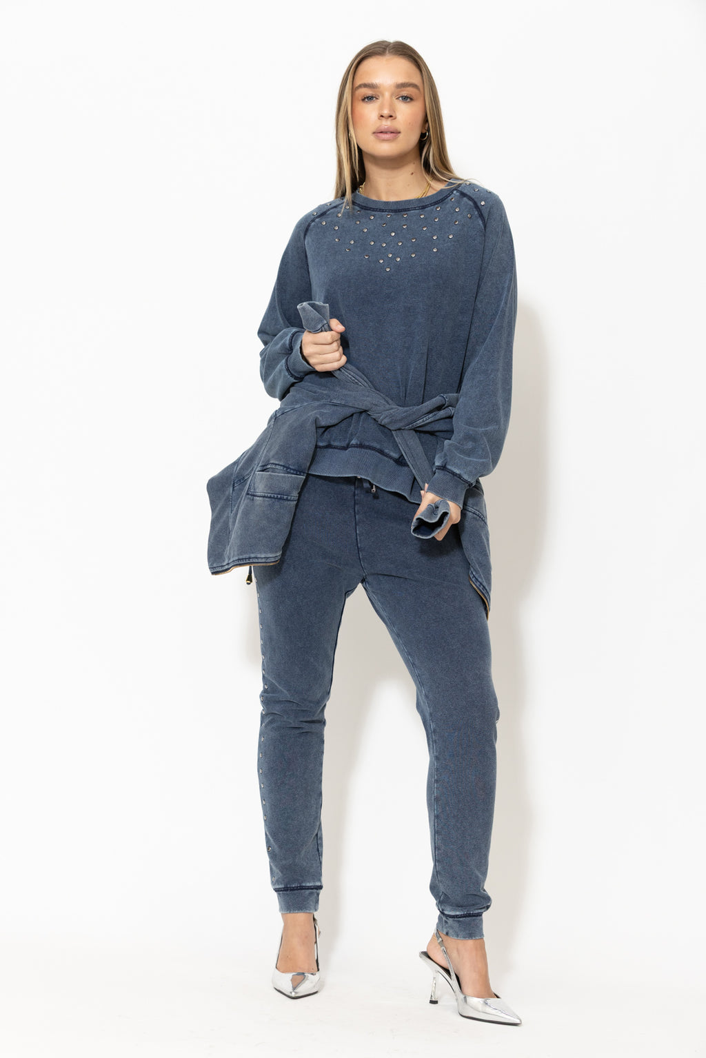 Navy Washed Cotton Stud Jumper