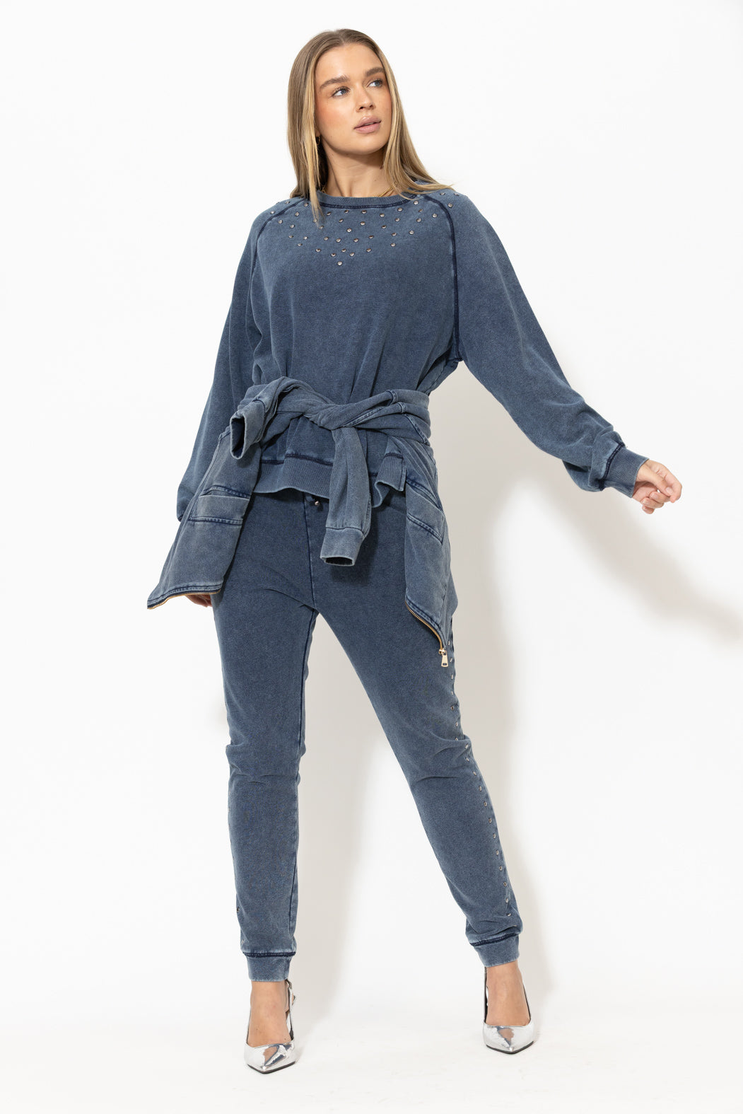 Navy Washed Cotton Stud Jumper