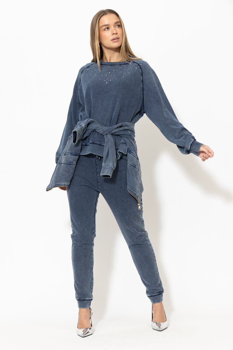 Navy Washed Cotton Stud Jumper