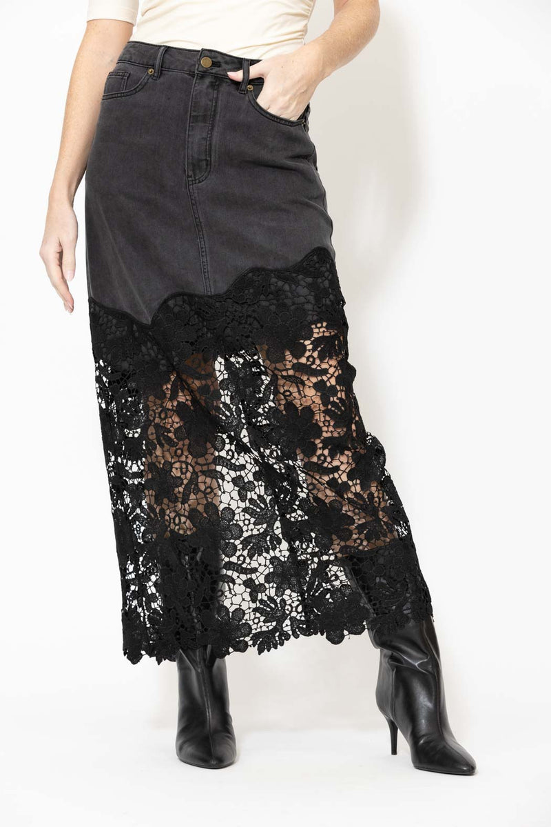 Black Lace Denim Skirt