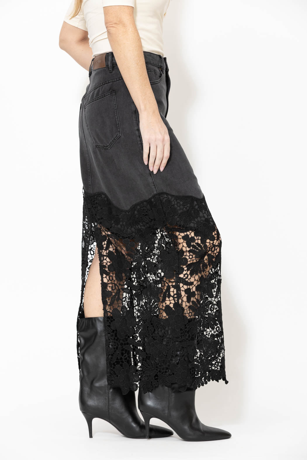 Black Lace Denim Skirt