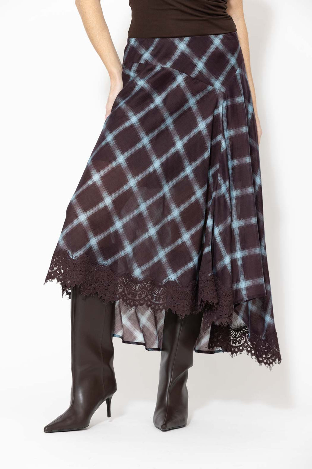 Check Lace Trim Bias Skirt