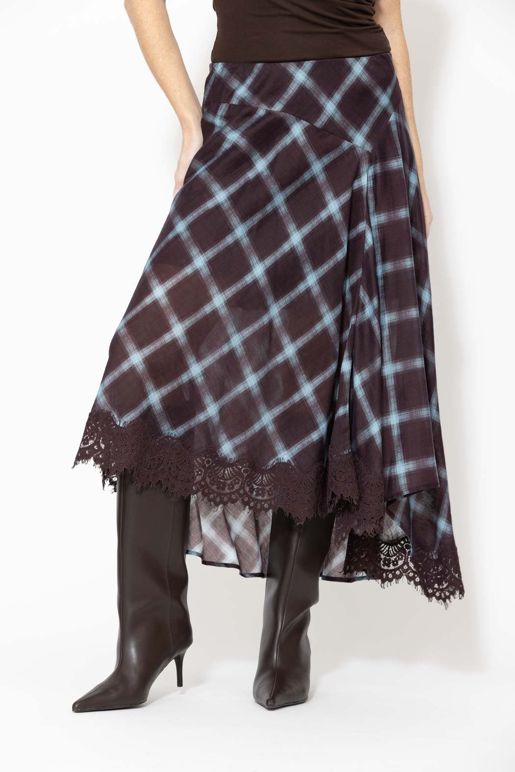Check Lace Trim Bias Skirt