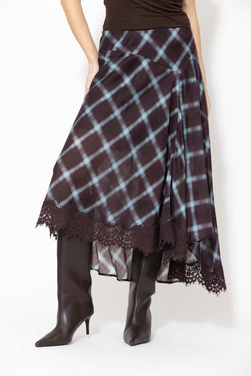 Check Lace Trim Bias Skirt