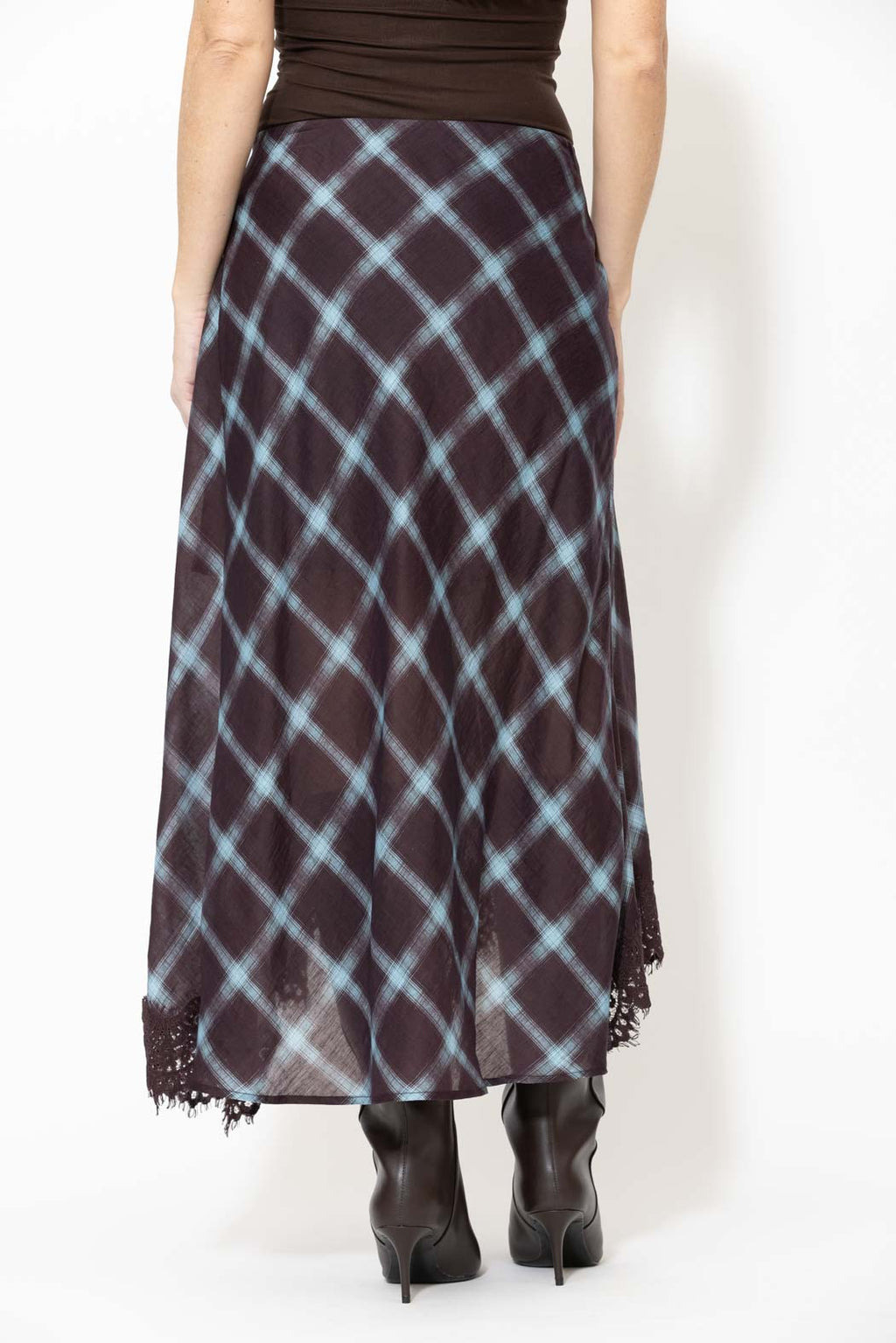 Check Lace Trim Bias Skirt