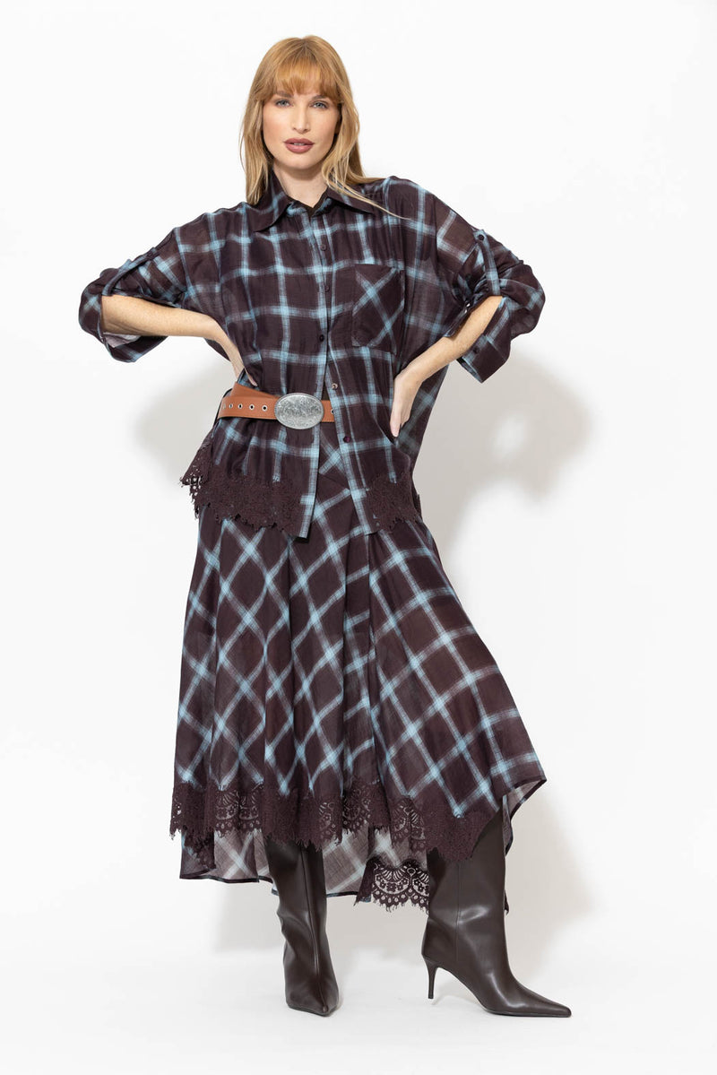 Check Lace Trim Bias Skirt