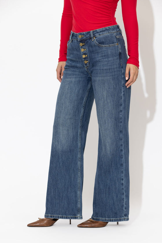 Mid Denim Button Front Jean