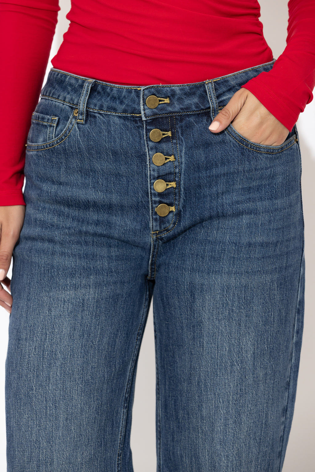 Mid Denim Button Front Jean