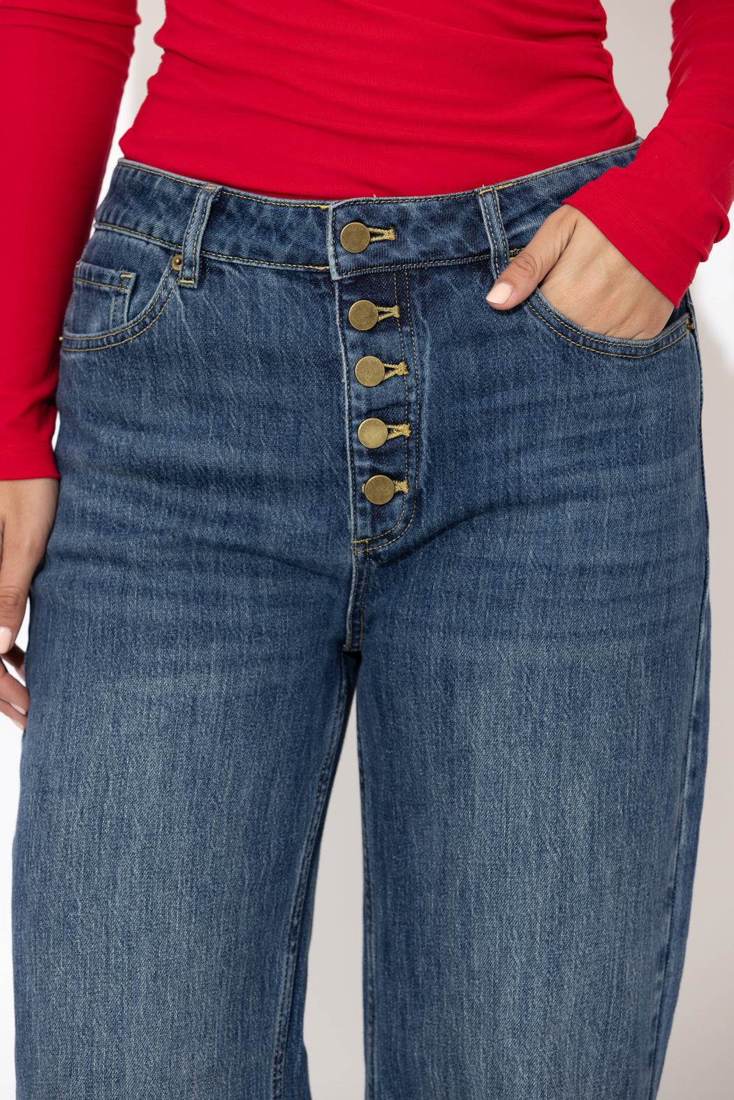 Mid Denim Button Front Jean
