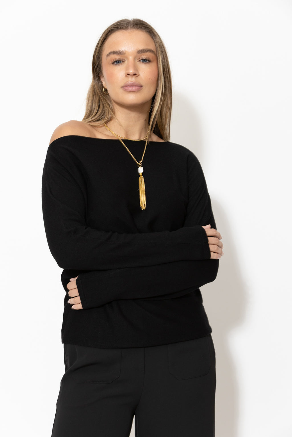 Black Fine Knit Boat Neck Top