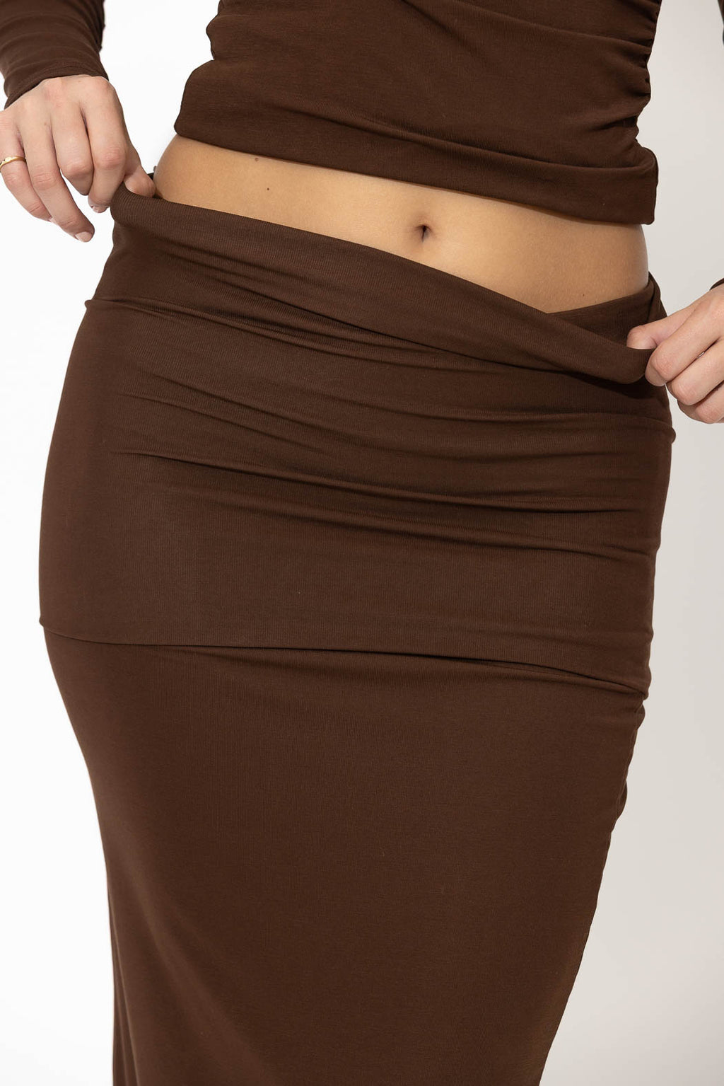 Chocolate Tencel Roll Top Skirt
