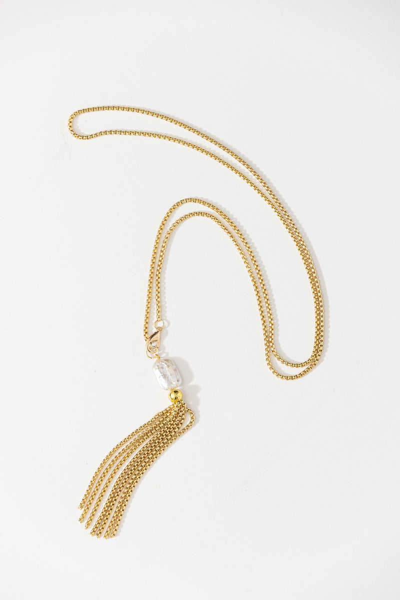 Gold Pearl Tassel Necklace