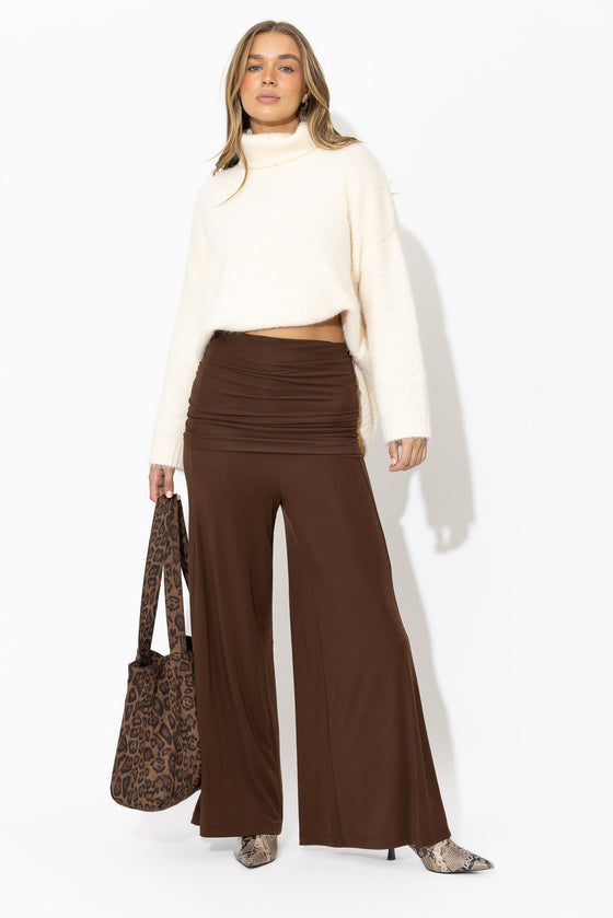 Chocolate Tencel Roll Top Pant