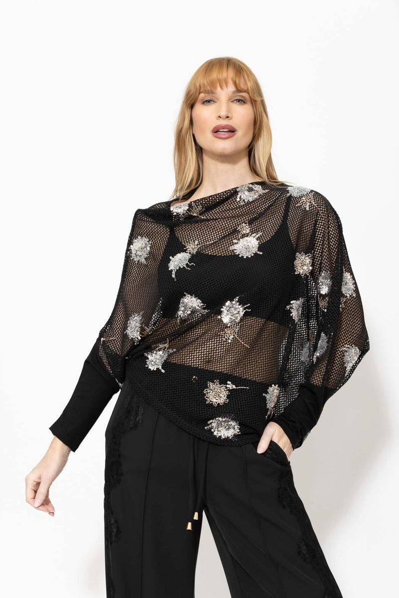 Black Embellished Drape Top