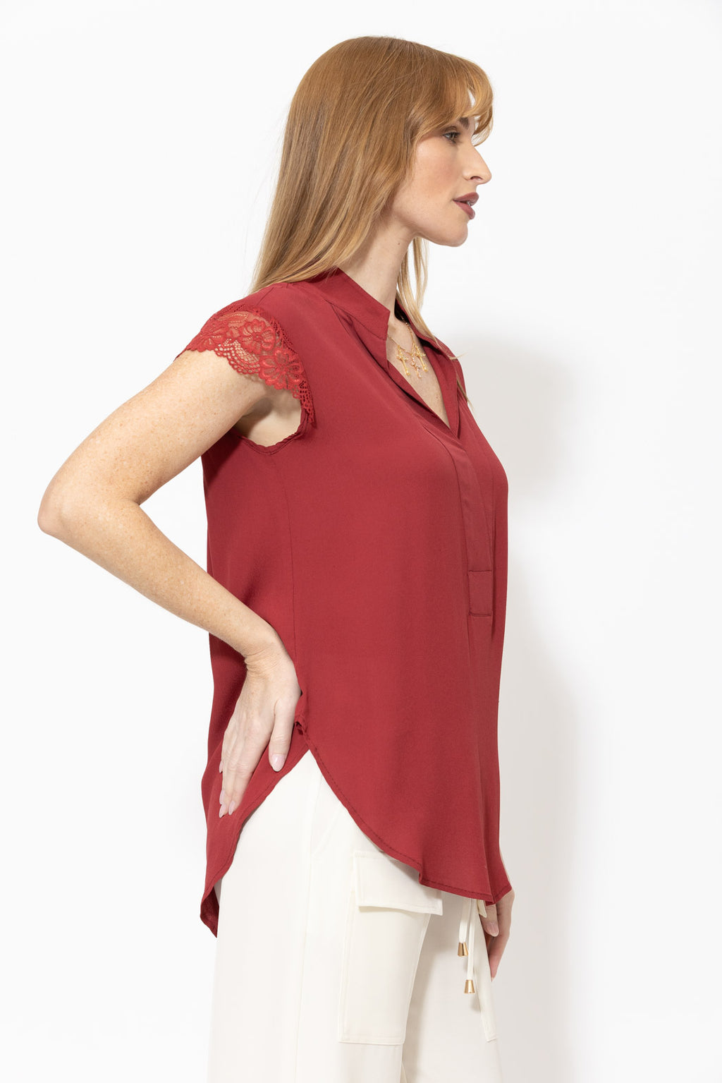 Deep Red Viscose Lace Blogger Shirt