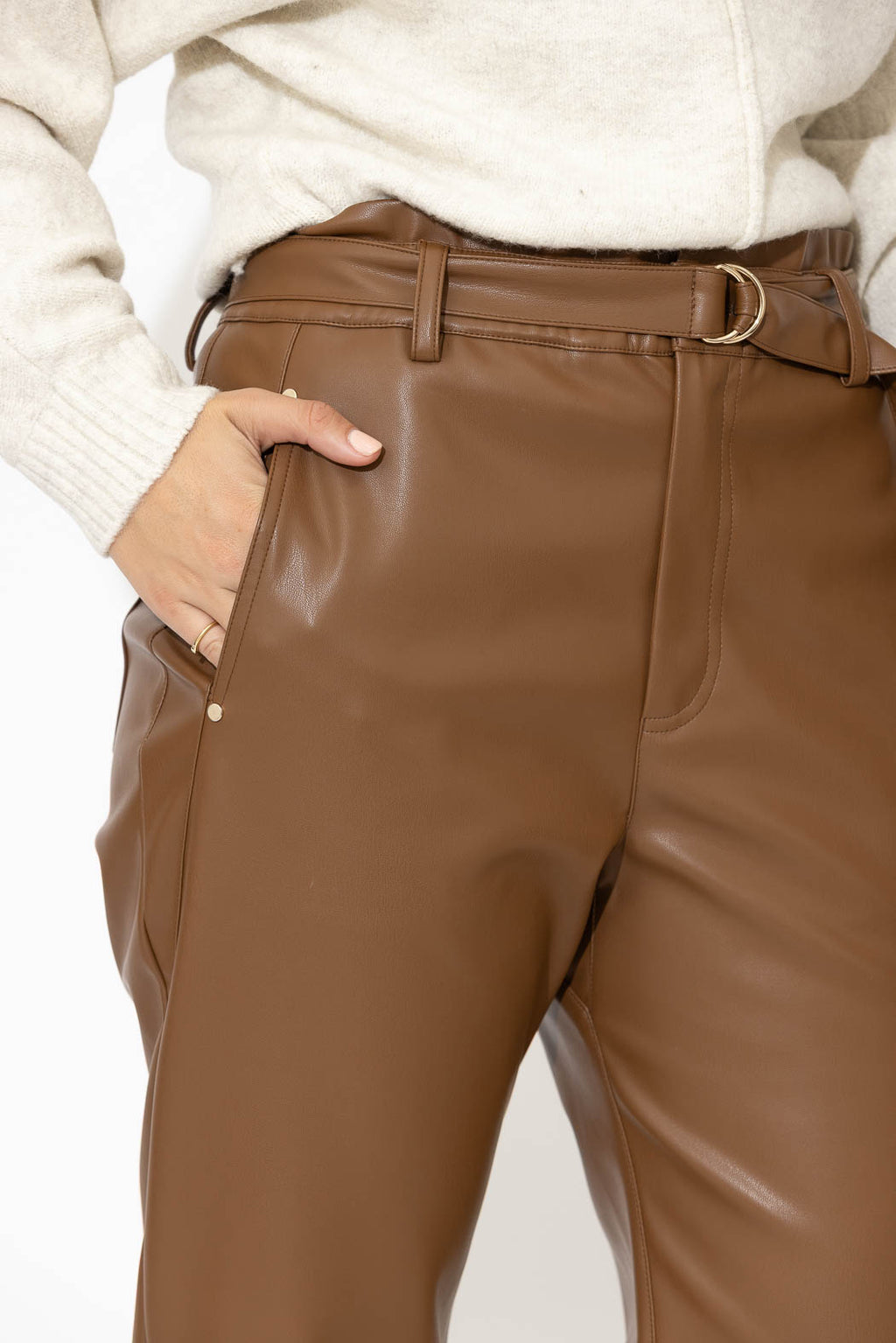 Tan Faux Leather Paperbag Pant