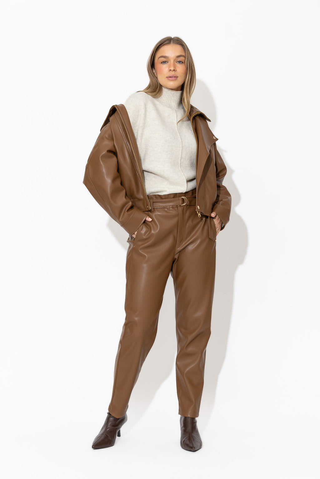 Tan Faux Leather Paperbag Pant