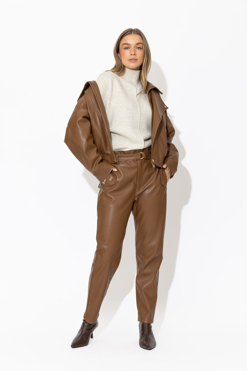 Tan Faux Leather Paperbag Pant