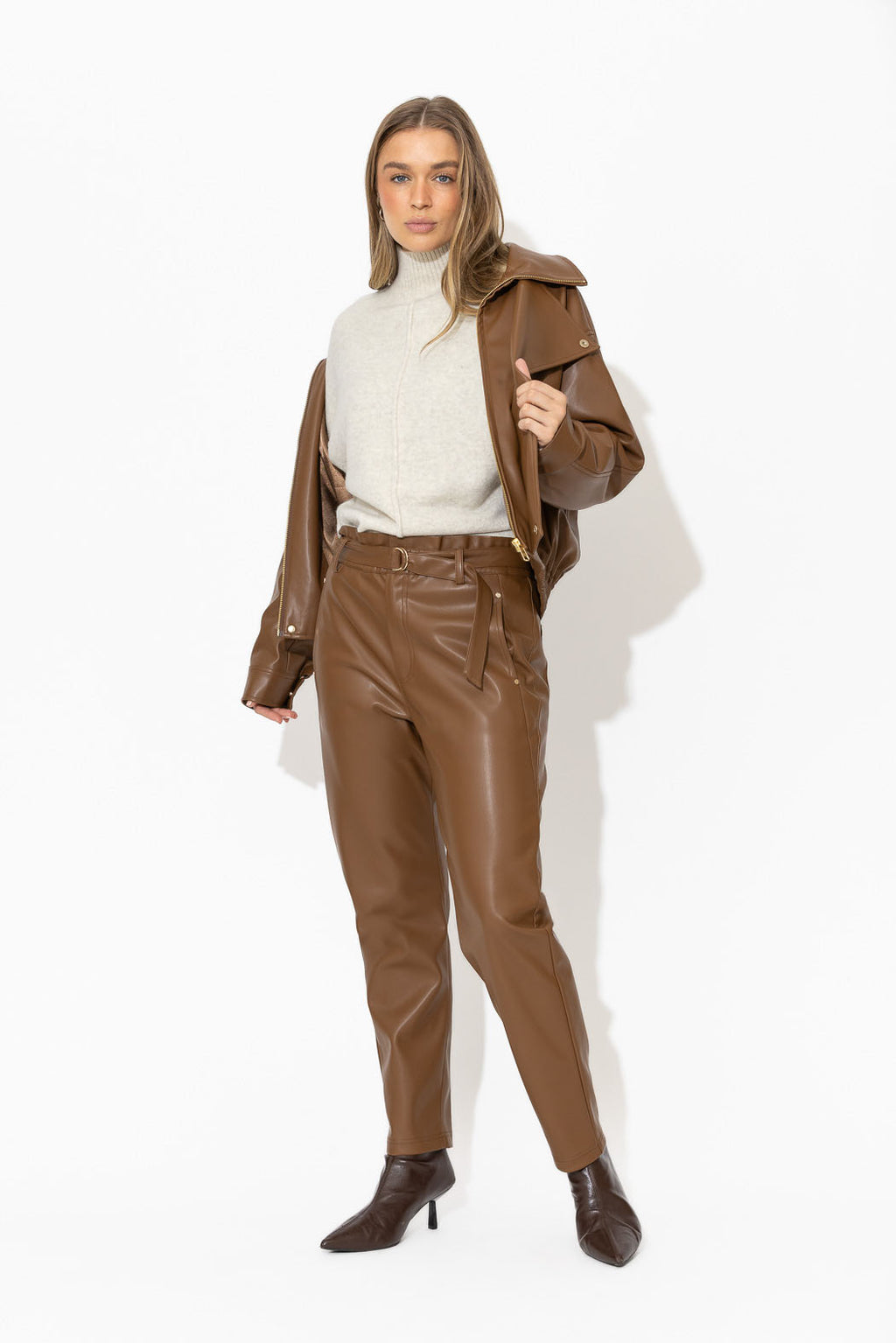 Tan Faux Leather Paperbag Pant