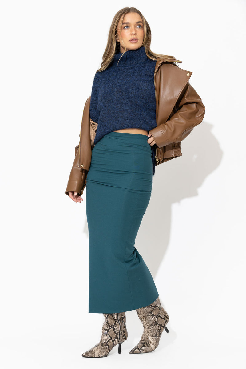 Teal Tencel Roll Top Skirt