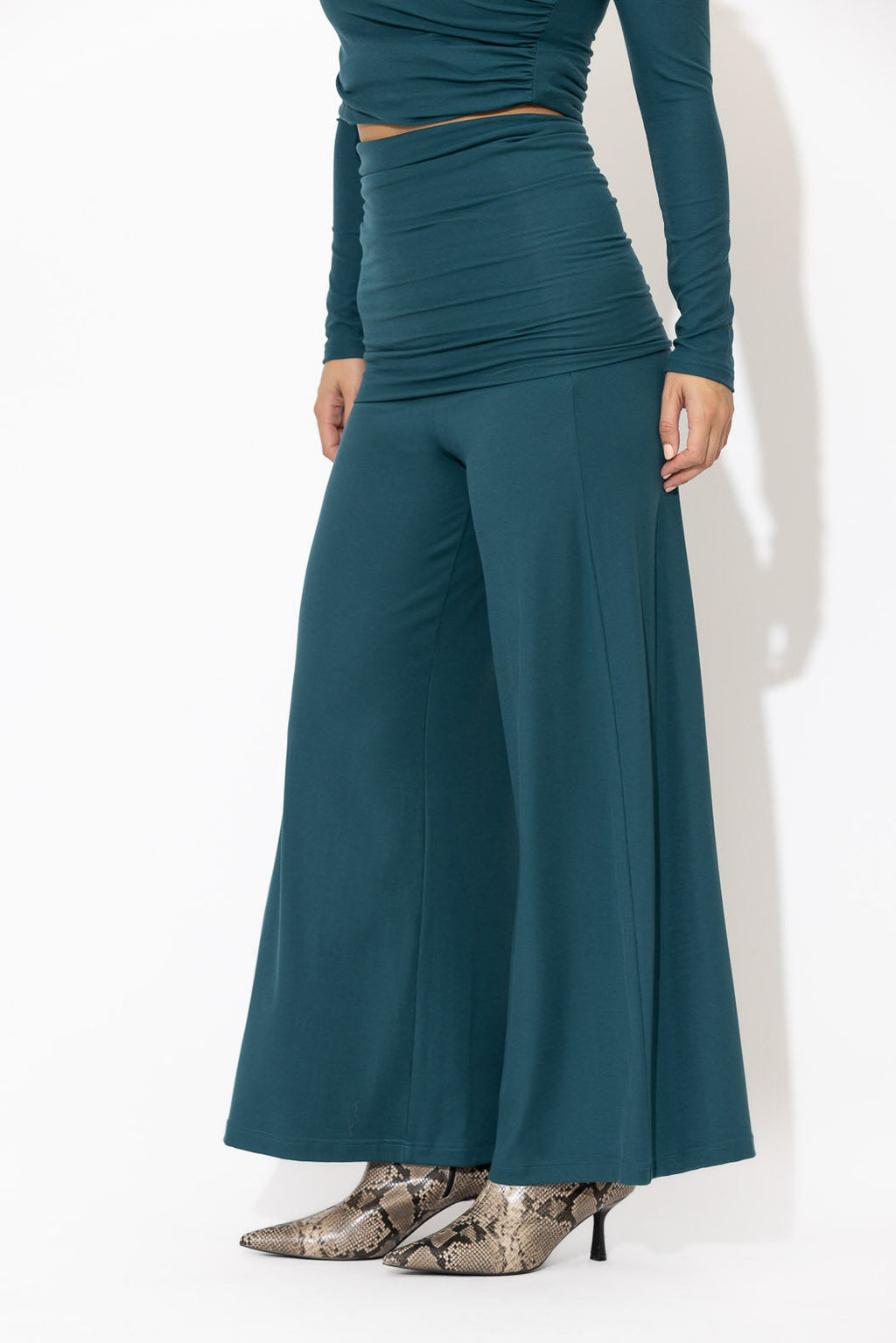 Teal Tencel Roll Top Pant