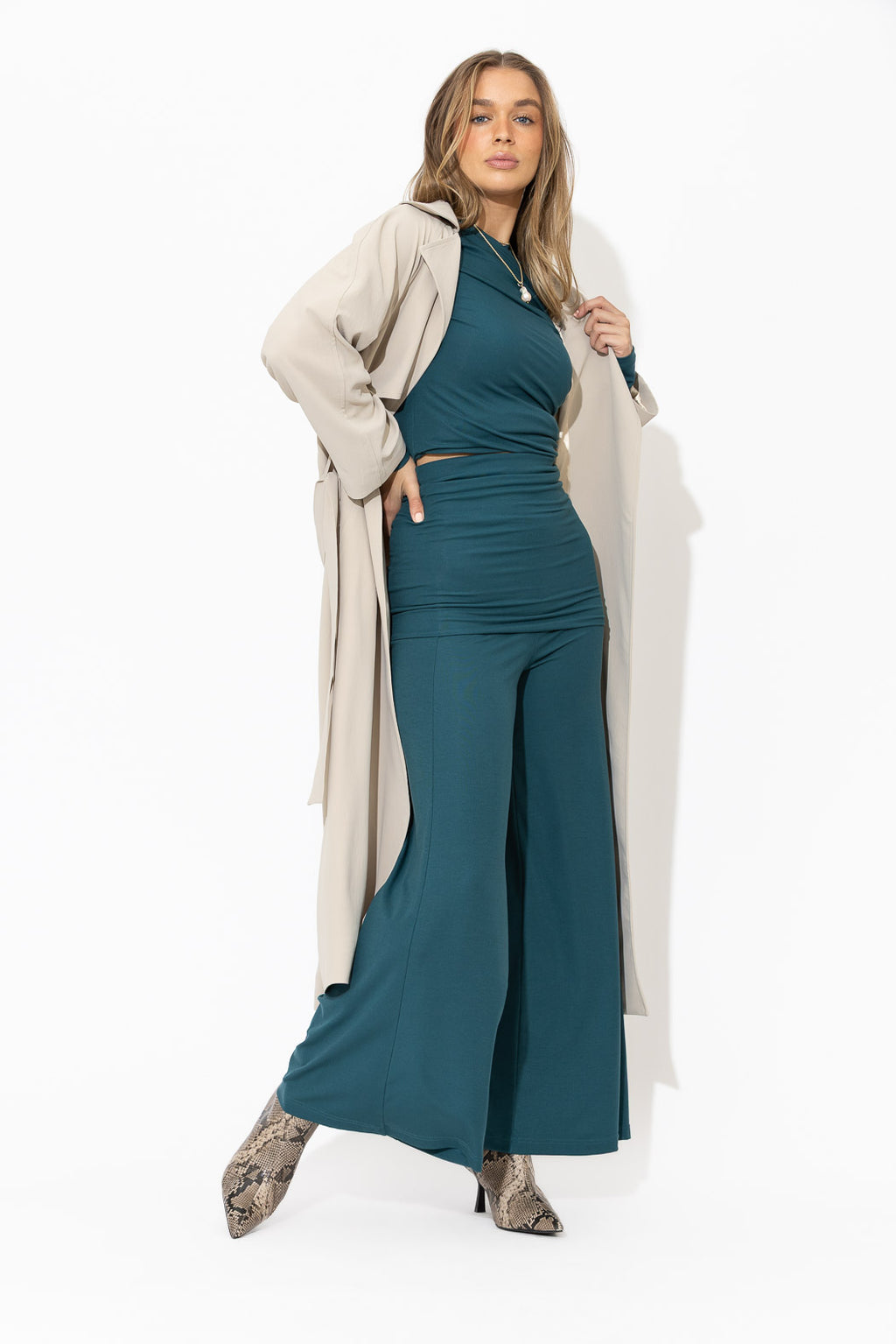 Teal Tencel Roll Top Pant