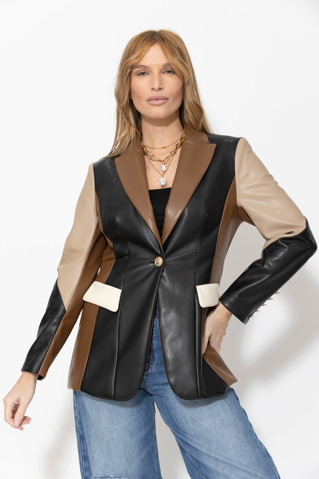 Black/Cream/Tan Faux Leather Mia Blazer