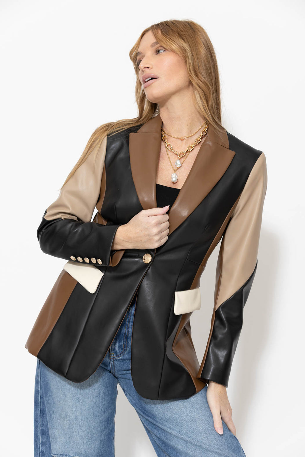 Black/Cream/Tan Faux Leather Mia Blazer