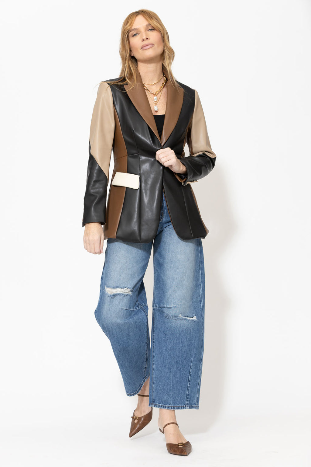 Black/Cream/Tan Faux Leather Mia Blazer