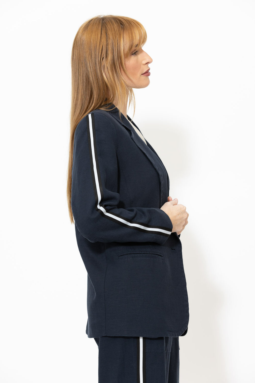 Navy Linen Stripe Boyfriend Blazer