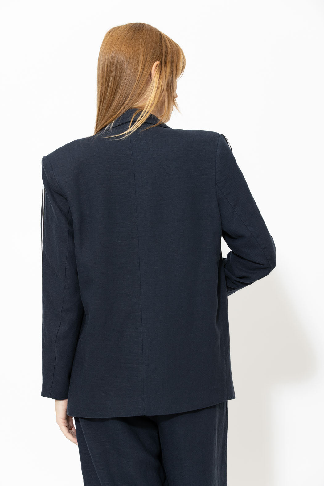 Navy Linen Stripe Boyfriend Blazer