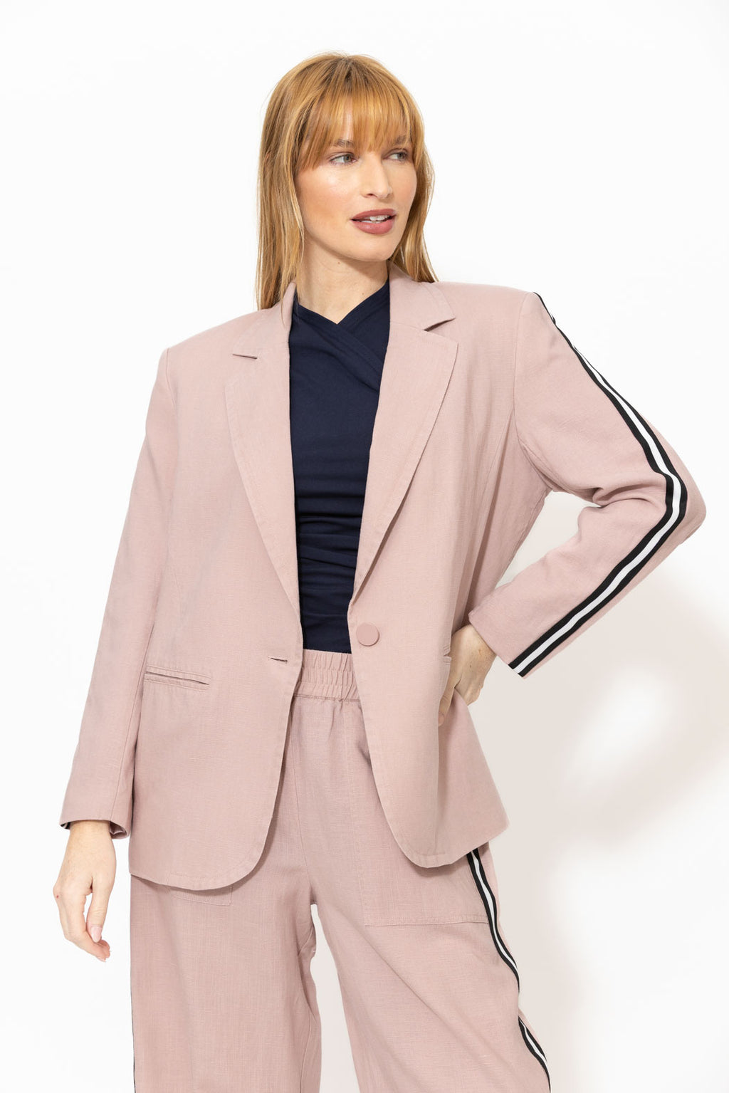 Pink Linen Stripe Boyfriend Blazer