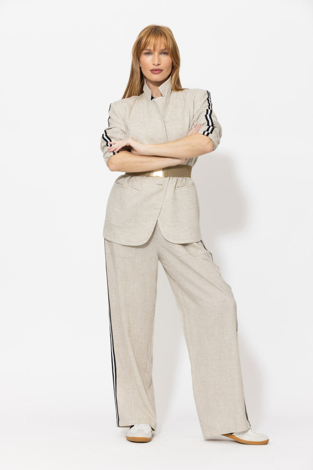 Oatmeal Linen Stripe Boyfriend Blazer