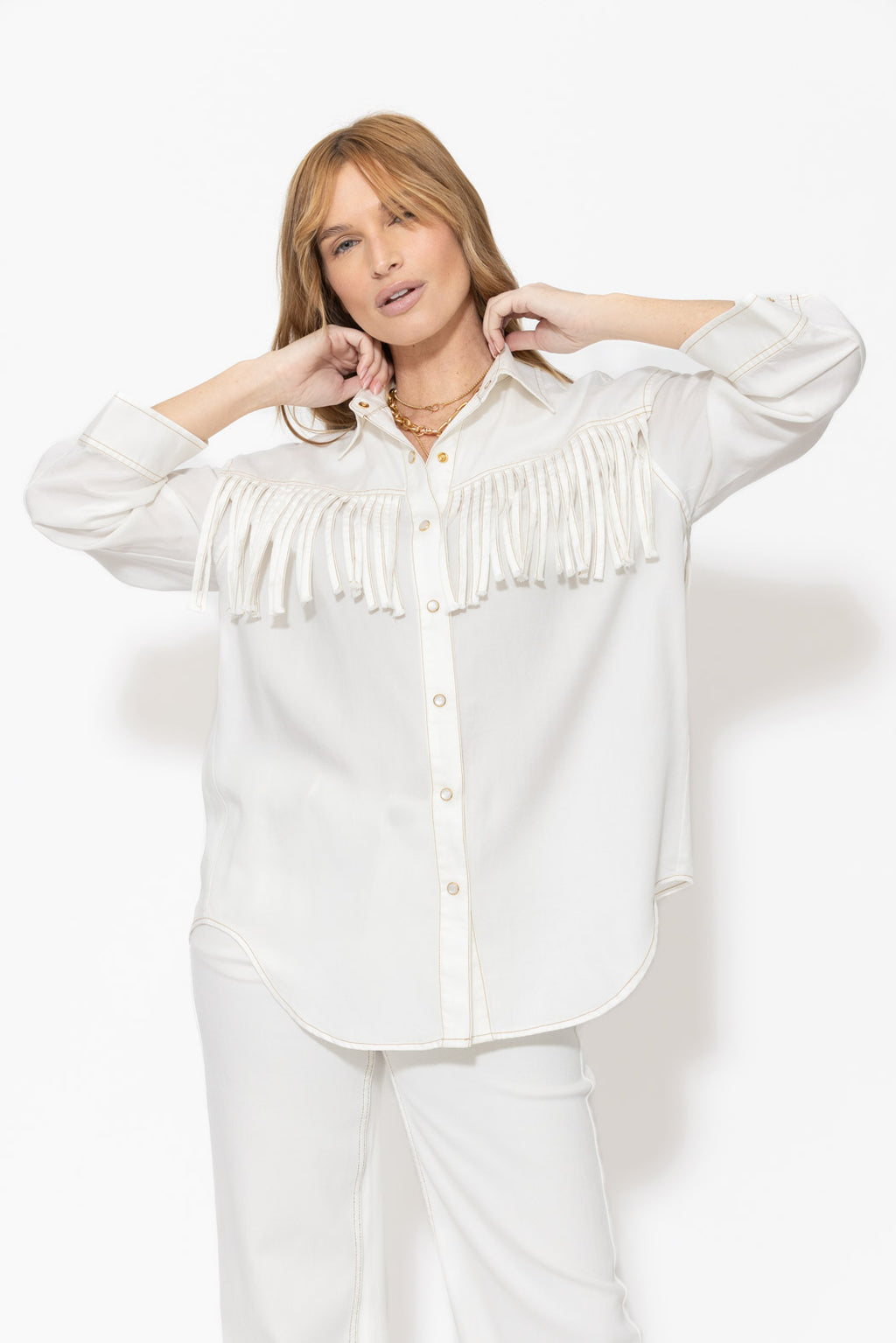 White Tencel Denim Fringe Shirt