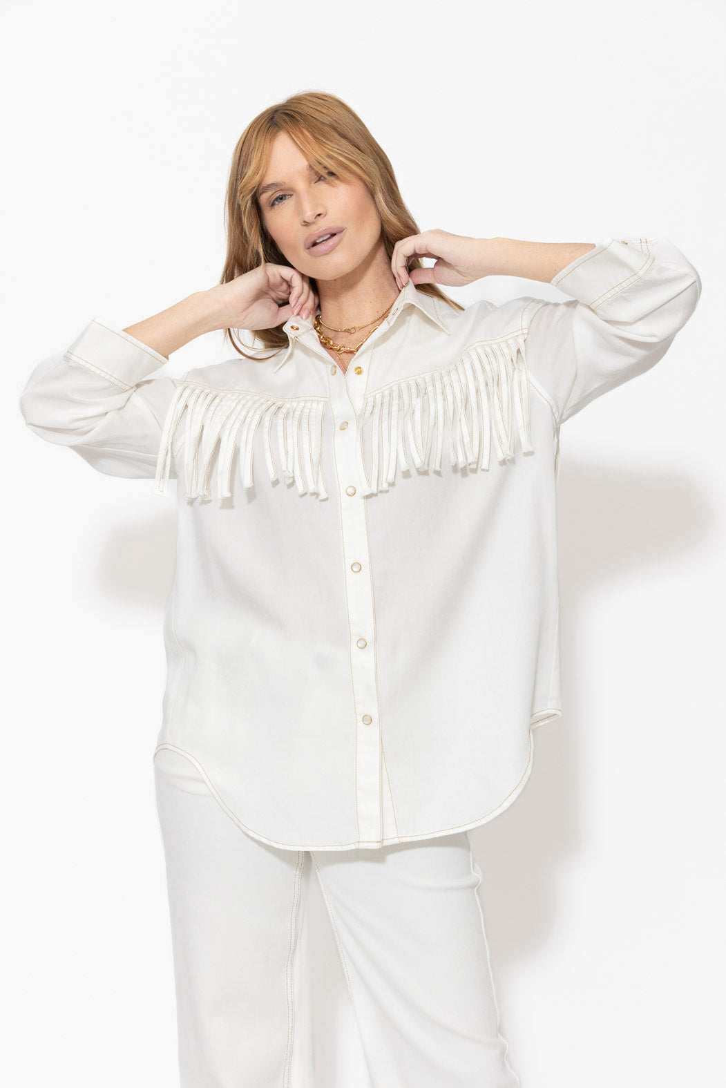 White Tencel Denim Fringe Shirt
