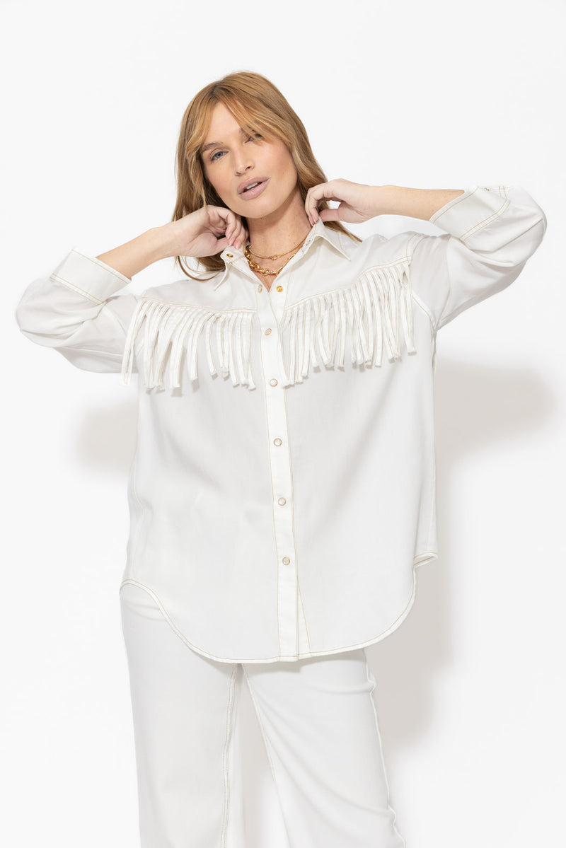 White Tencel Denim Fringe Shirt
