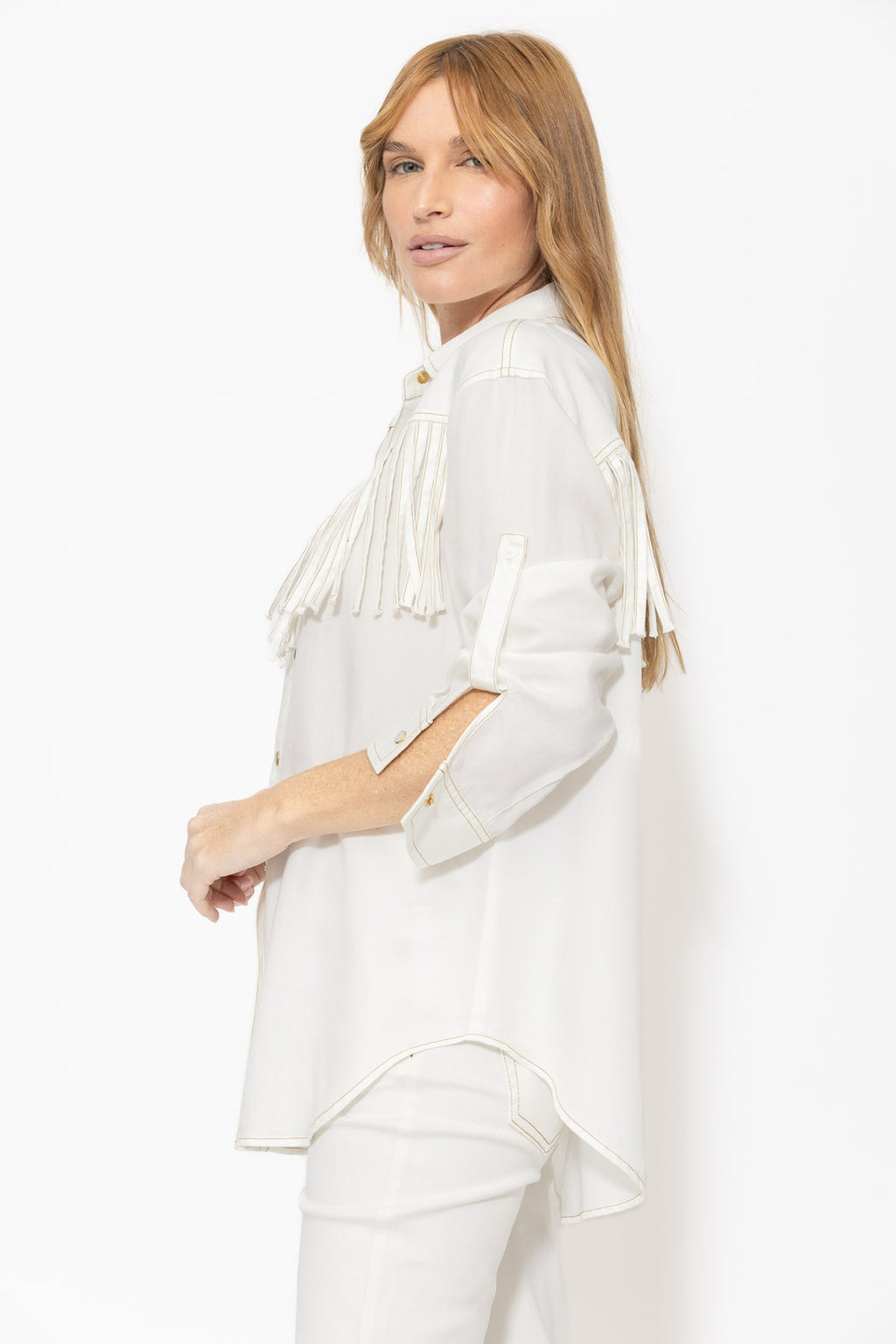 White Tencel Denim Fringe Shirt