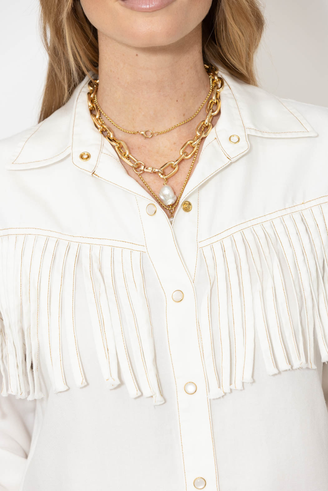 White Tencel Denim Fringe Shirt