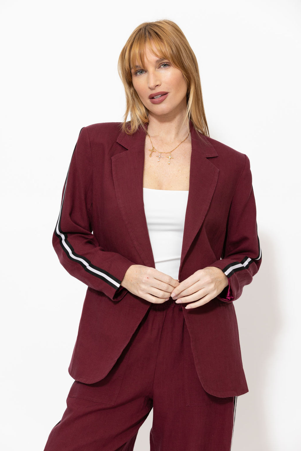Burgundy Linen Stripe Boyfriend Blazer