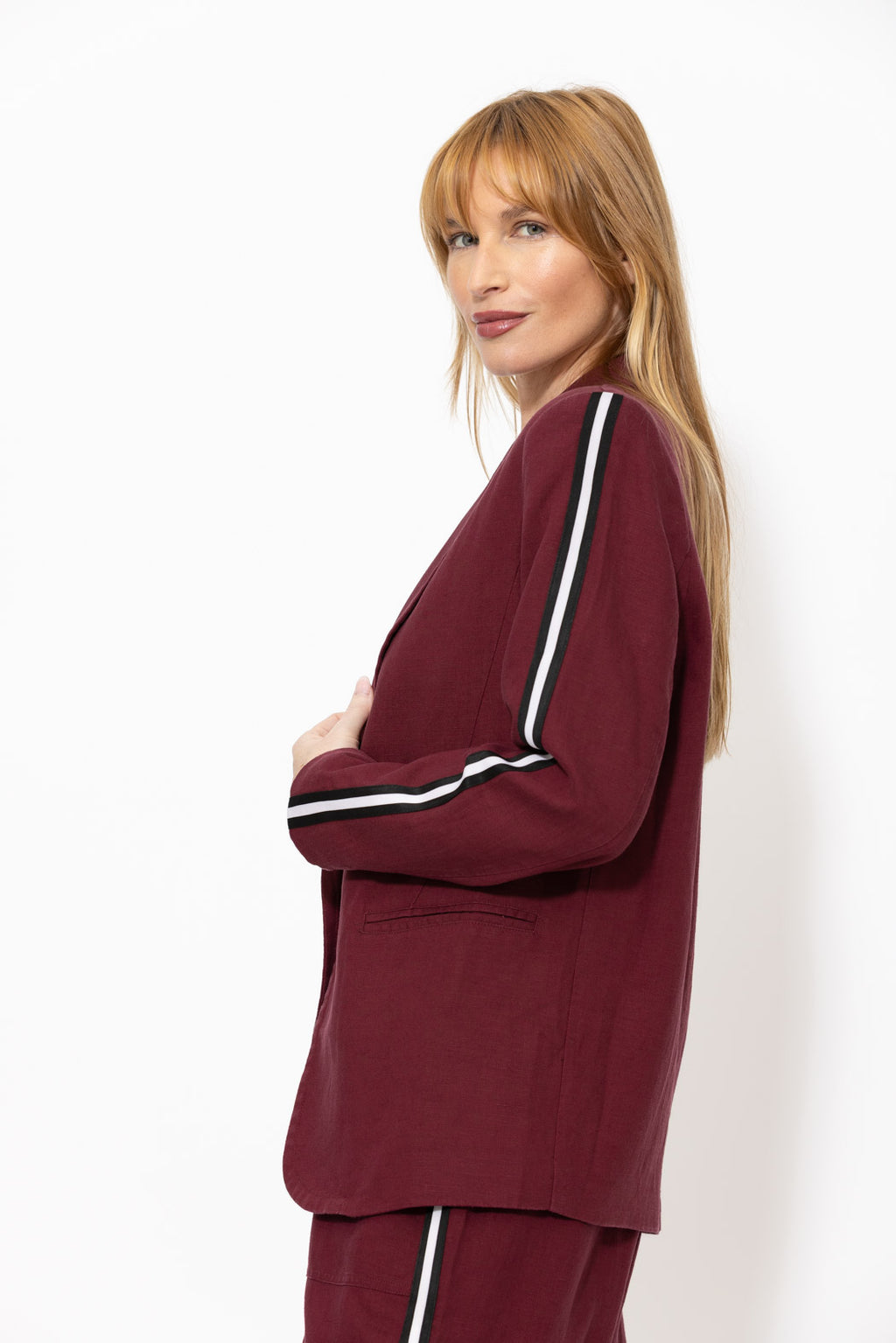 Burgundy Linen Stripe Boyfriend Blazer