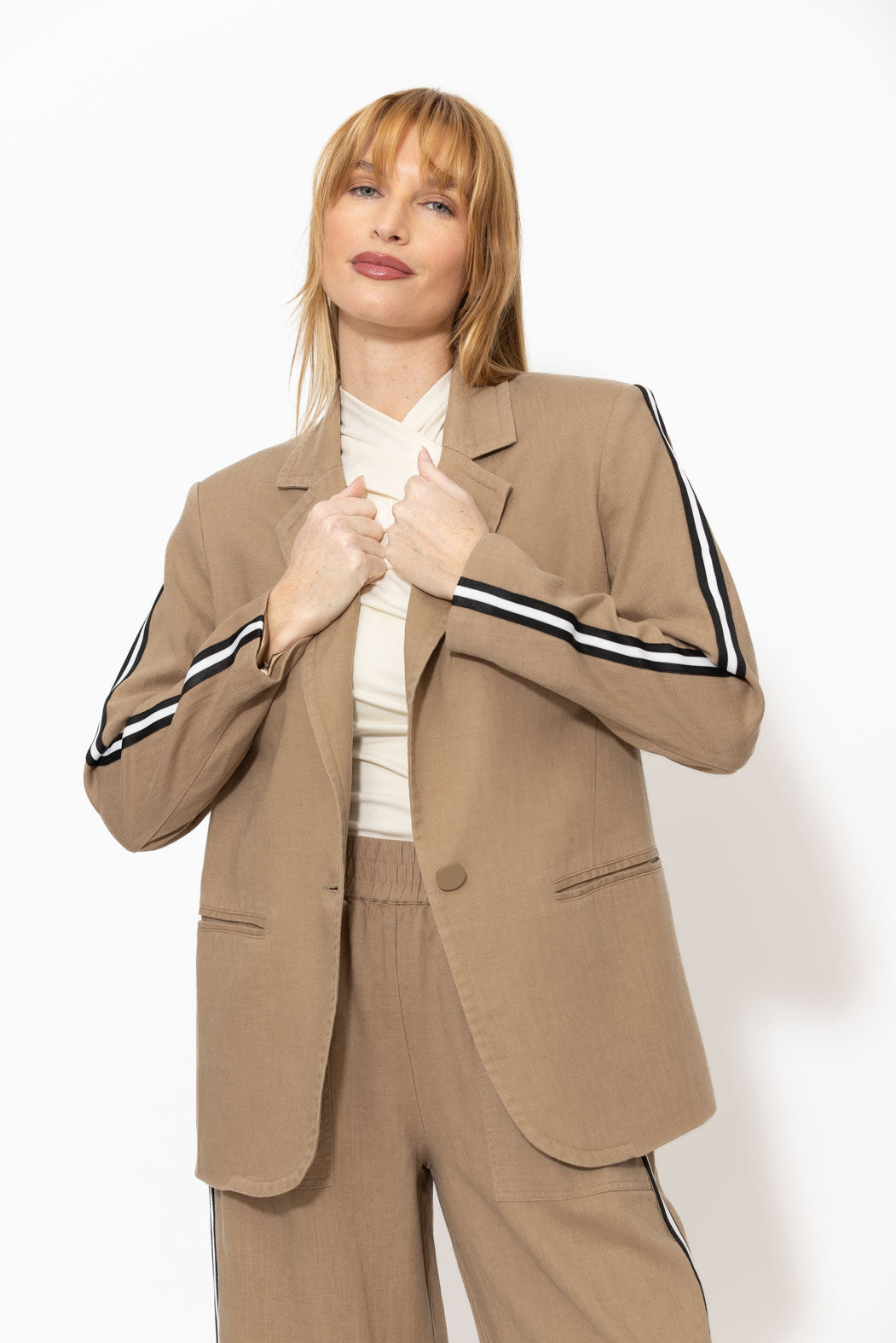 Caramel Linen Stripe Boyfriend Blazer